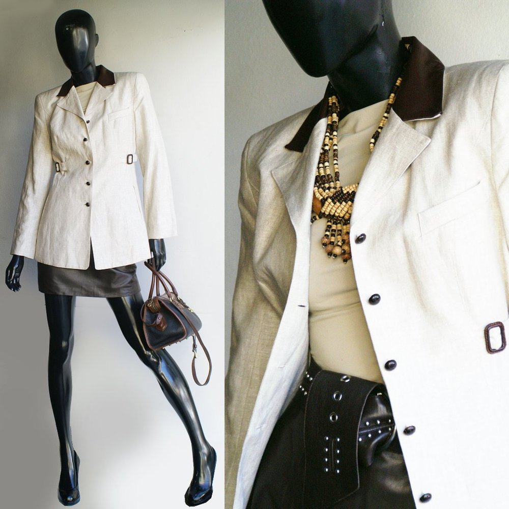 Cache Tan Linen Blazer w/ Lambskin Leather collar
